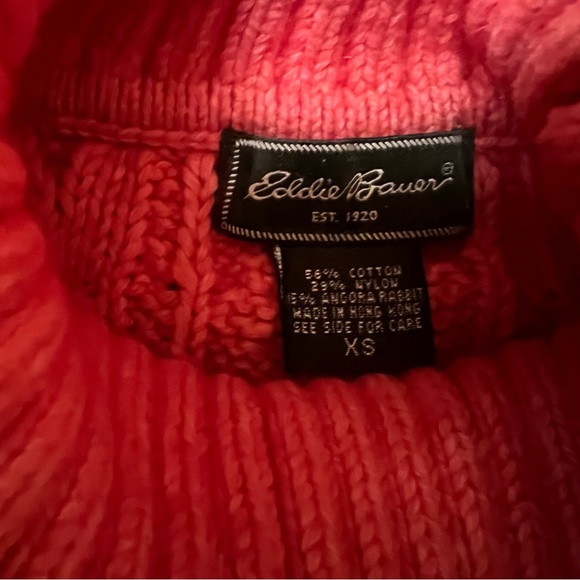 EDDIE BAUER coral coloured chunky cable knit turtleneck angora blend sweater - Picture 7 of 14